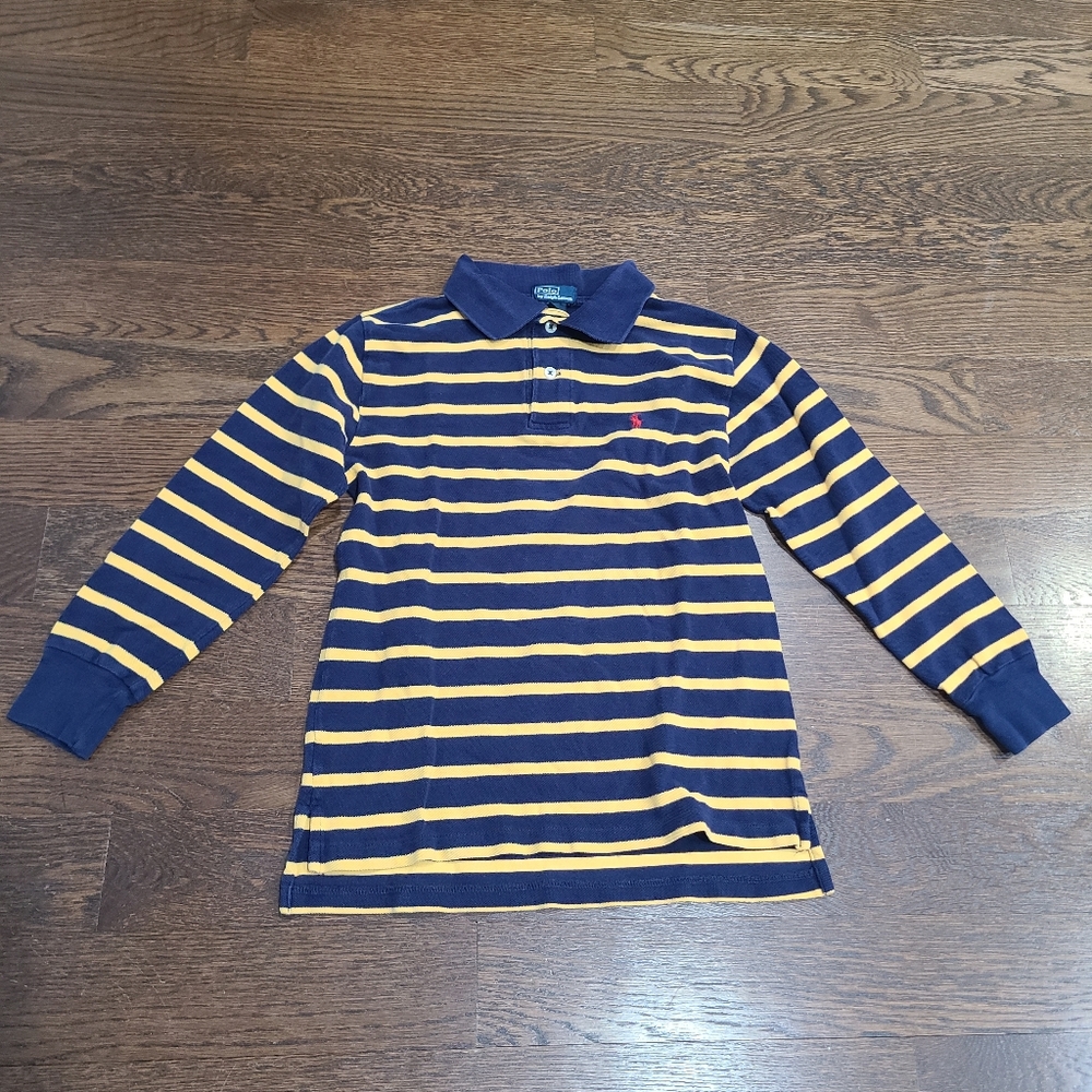 VTG Polo Ralph Lauren Men's Striped Polo Shirt - Navy and Yellow Sz.S